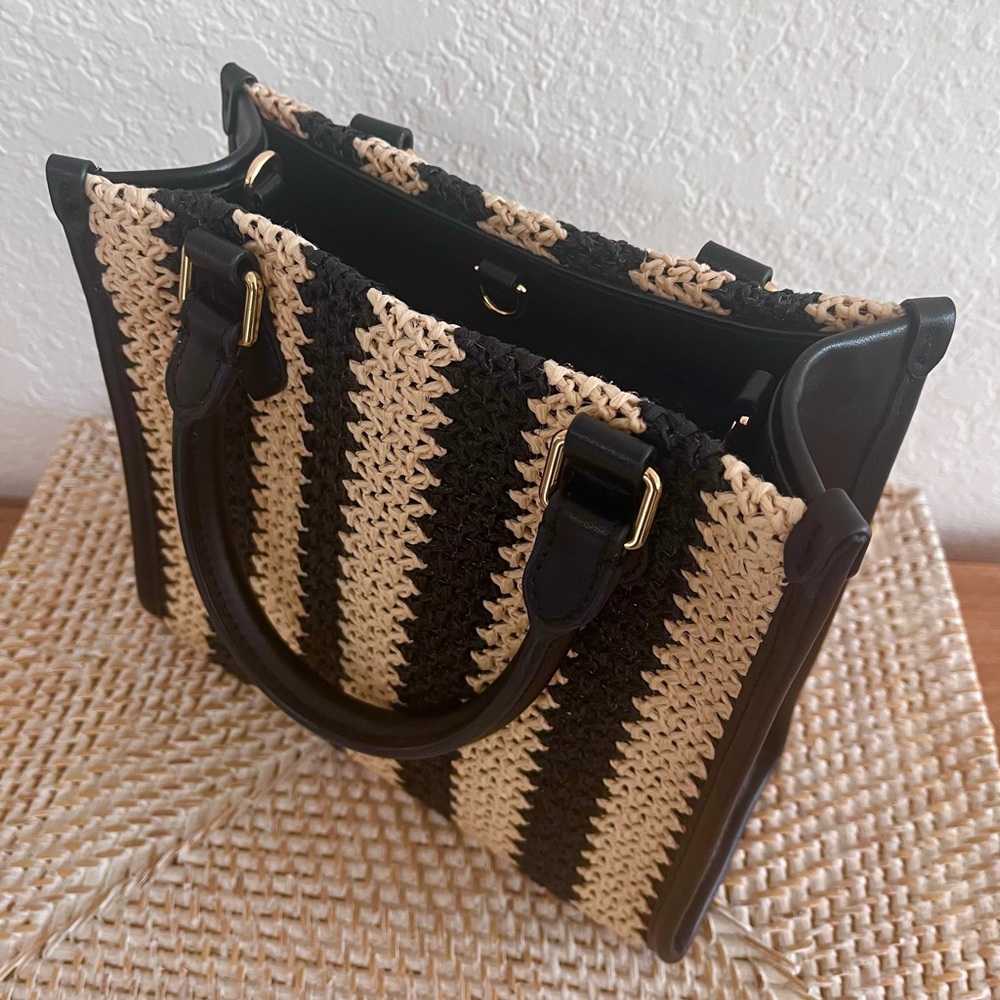 SAINT & SOFIA Mini Tote Bag Raffia Black/Tan Leather Artisan Handbag W/Strap - Picture 4 of 15